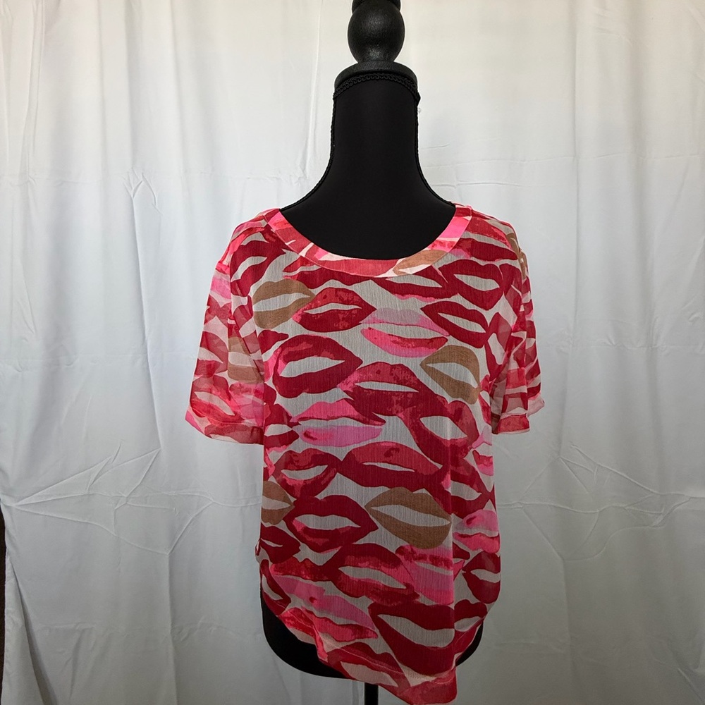 Victoria's Secret Sheer Pink and Red Lips Print Blouse